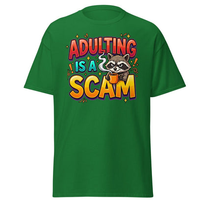 Adulting is a Scam Funny Raccoon T-Shirt | Sarcastic Tee - Turf Green - TeeRipple