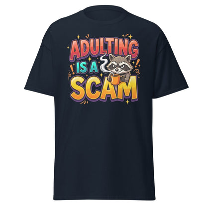 Adulting is a Scam Funny Raccoon T-Shirt | Sarcastic Tee - Navy - TeeRipple