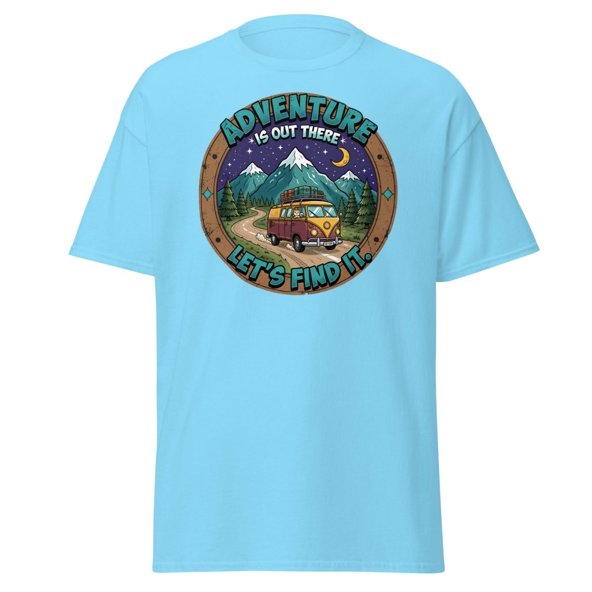Adventure Is Out There Cat Van T-Shirt – Retro Travel Tee - Sky - TeeRipple