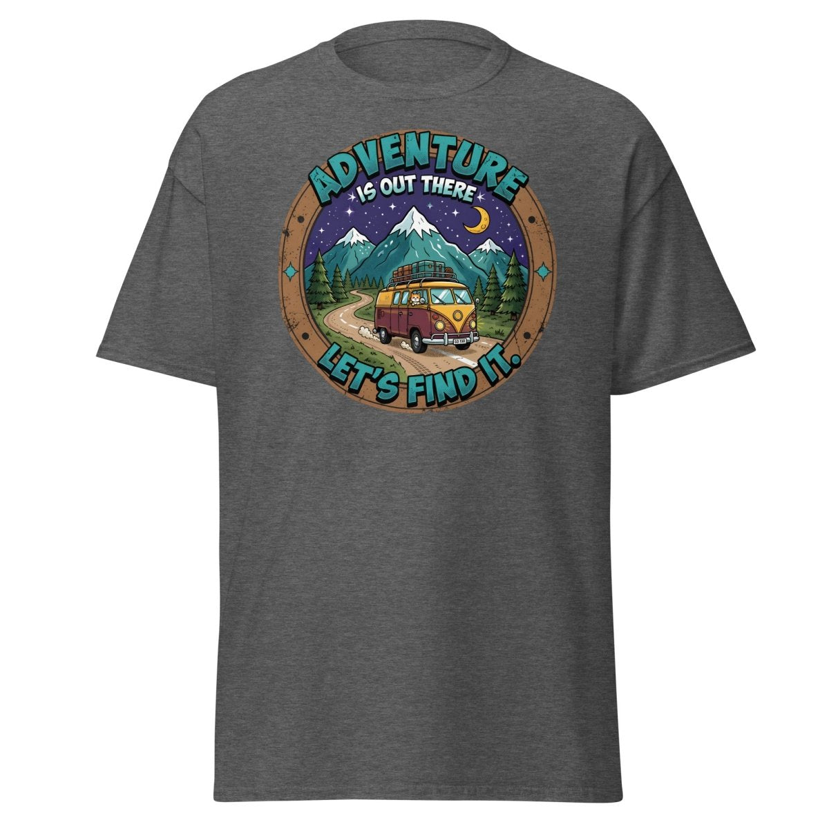 Adventure Is Out There Cat Van T-Shirt – Retro Travel Tee - Dark Heather - TeeRipple