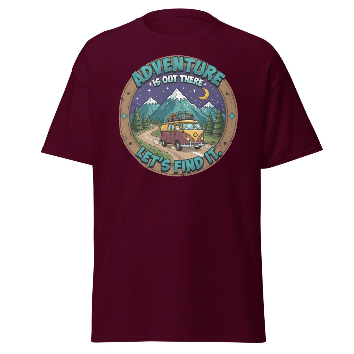 Adventure Is Out There Cat Van T-Shirt – Retro Travel Tee - Maroon - TeeRipple