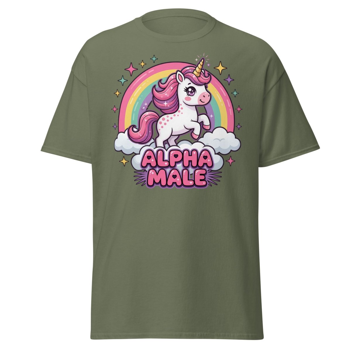 Alpha Male Unicorn T-Shirt - Funny Rainbow Graphic Tee - Military Green - TeeRipple