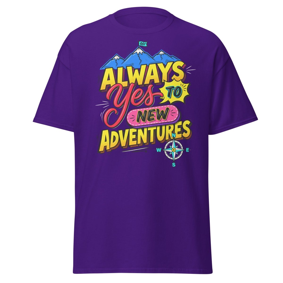 Always Yes to New Adventures T-Shirt | Motivational Mountain Tee - Purple - TeeRipple