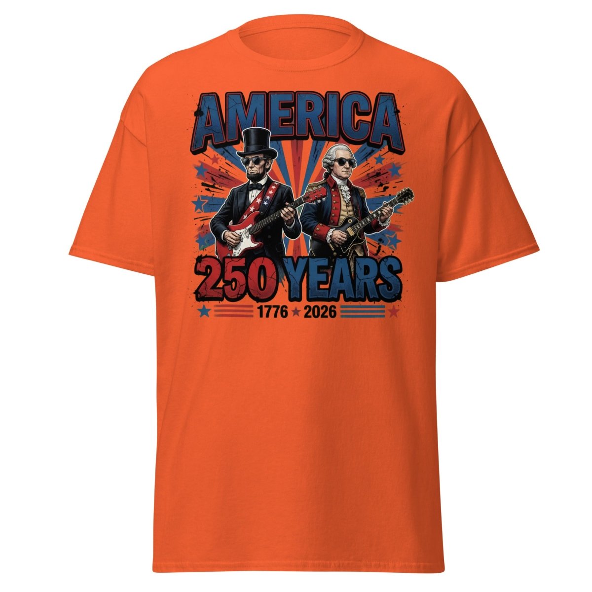 America 250 Years Lincoln Washington Rock Guitar T-Shirt - Orange - TeeRipple