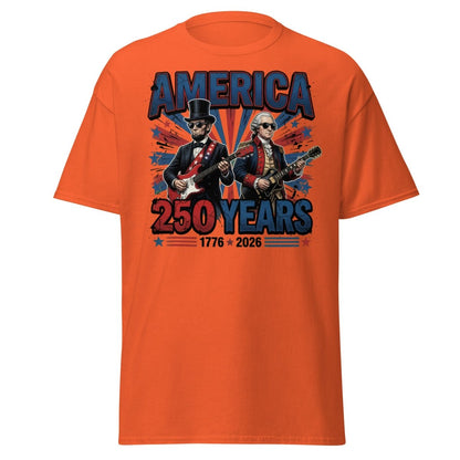 America 250 Years Lincoln Washington Rock Guitar T-Shirt - Orange - TeeRipple