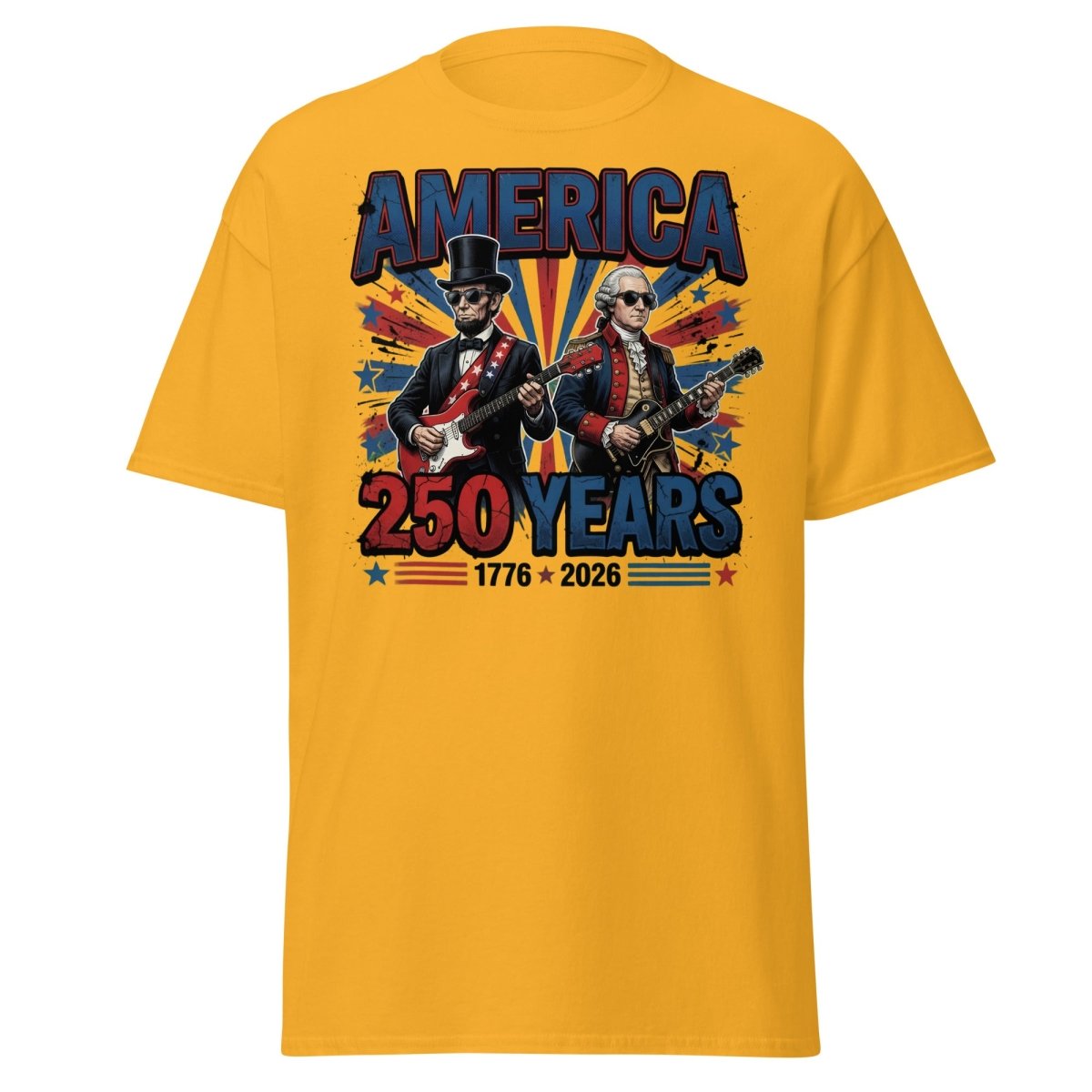 America 250 Years Lincoln Washington Rock Guitar T-Shirt - Gold - TeeRipple