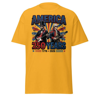 America 250 Years Lincoln Washington Rock Guitar T-Shirt - Gold - TeeRipple