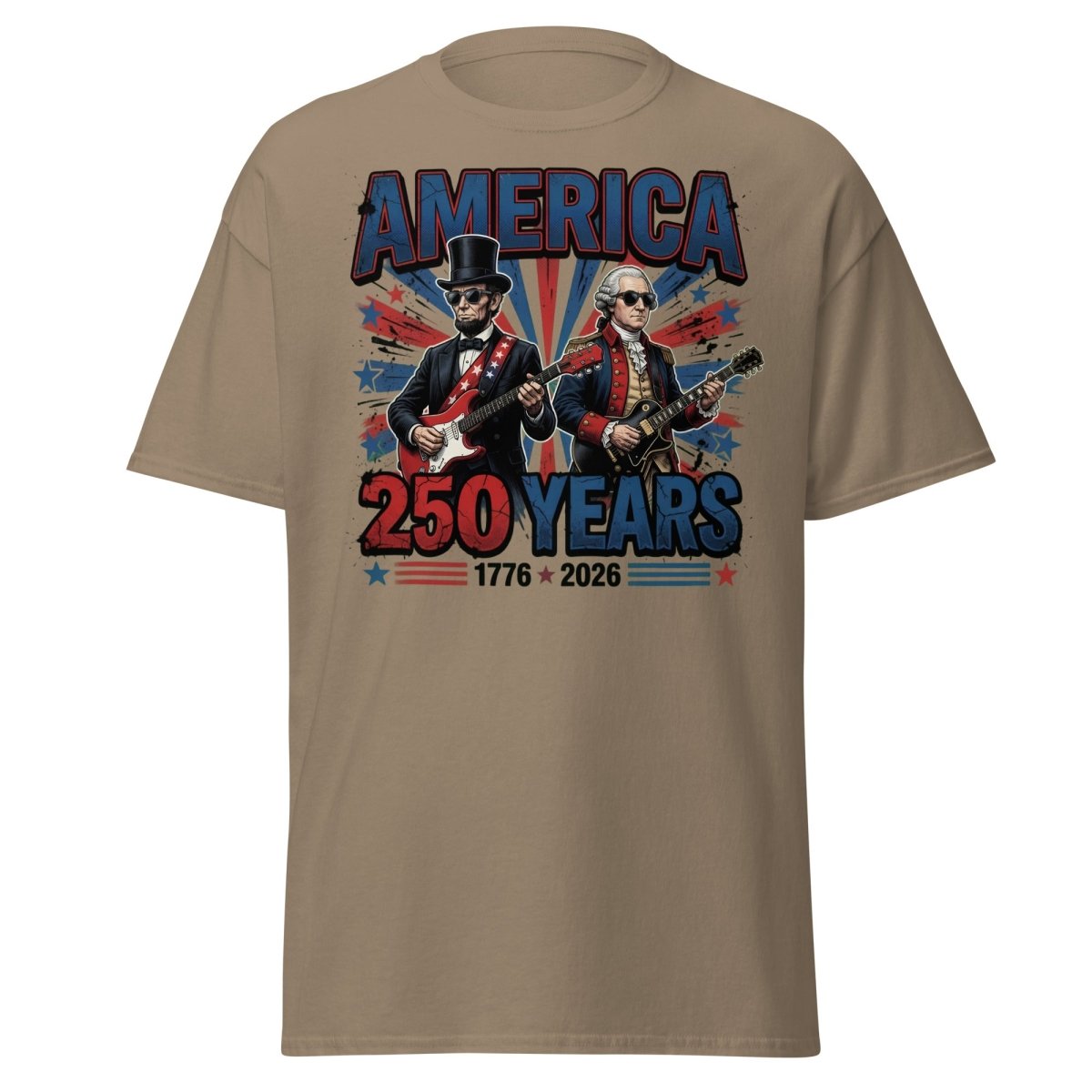 America 250 Years Lincoln Washington Rock Guitar T-Shirt - Brown Savana - TeeRipple