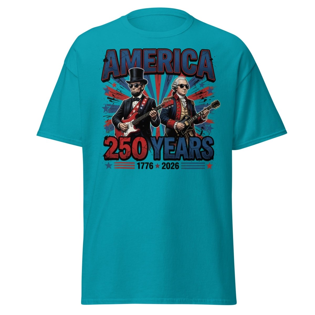America 250 Years Lincoln Washington Rock Guitar T-Shirt - Tropical Blue - TeeRipple