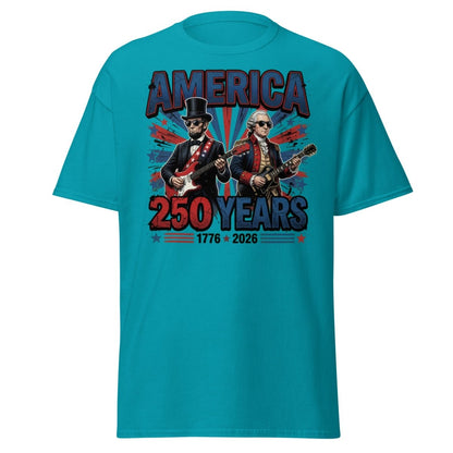 America 250 Years Lincoln Washington Rock Guitar T-Shirt - Tropical Blue - TeeRipple