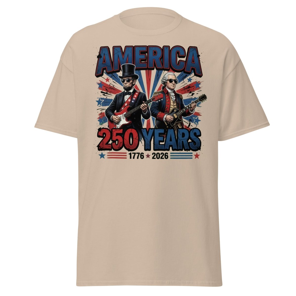 America 250 Years Lincoln Washington Rock Guitar T-Shirt - Sand - TeeRipple