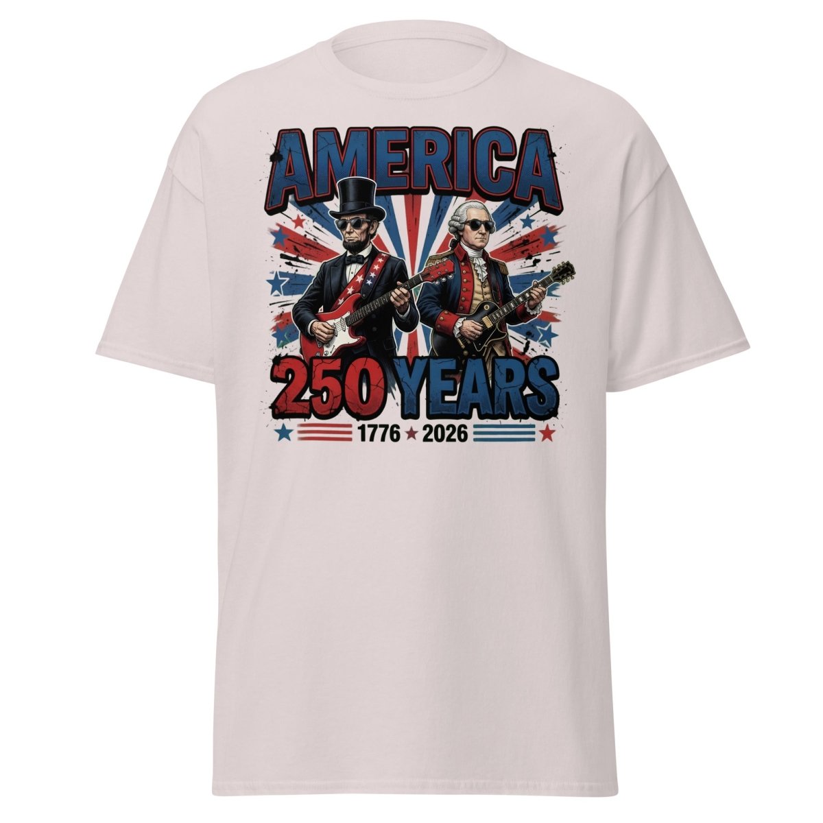 America 250 Years Lincoln Washington Rock Guitar T-Shirt - Ice Grey - TeeRipple