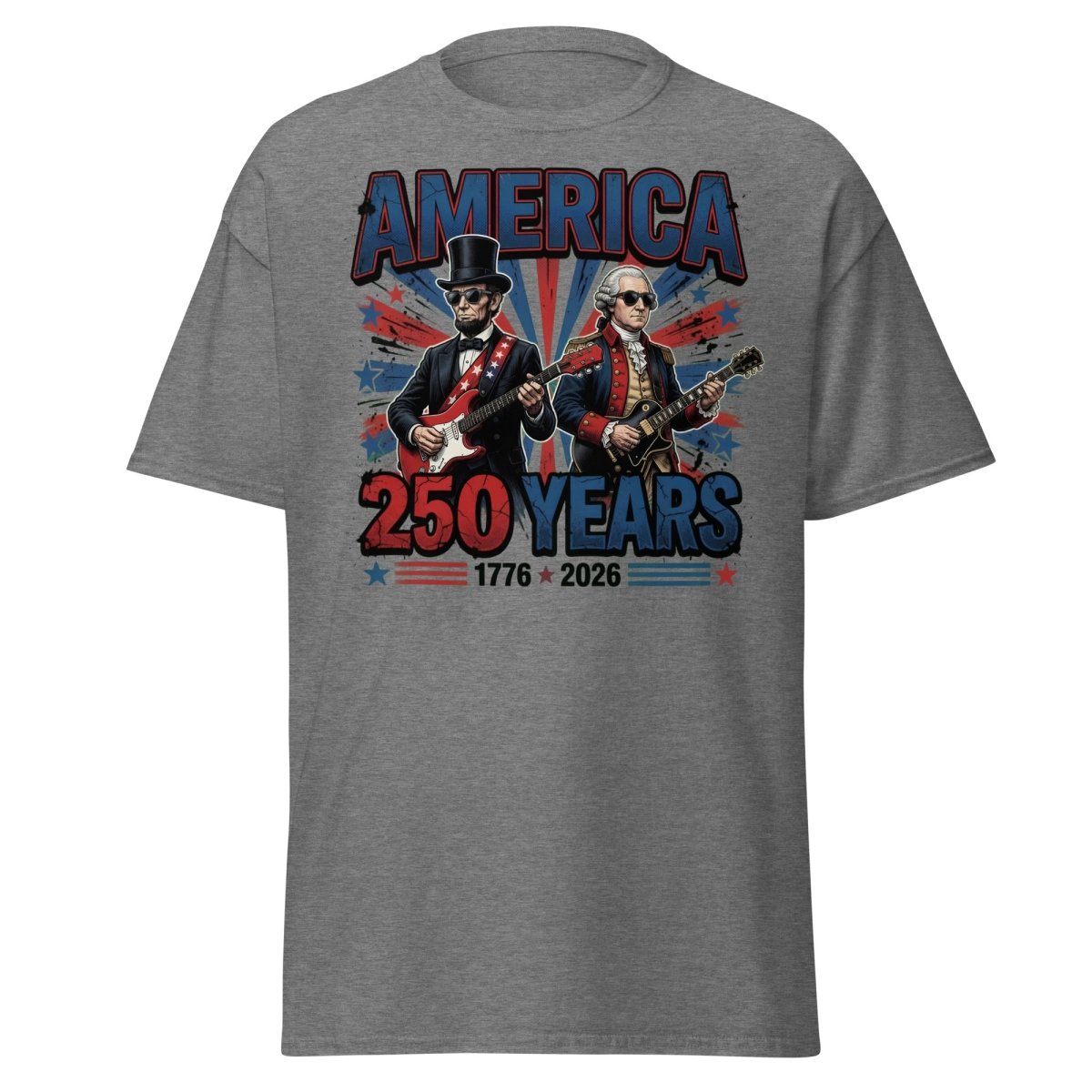 America 250 Years Lincoln Washington Rock Guitar T-Shirt - Graphite Heather - TeeRipple