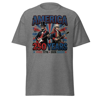 America 250 Years Lincoln Washington Rock Guitar T-Shirt - Graphite Heather - TeeRipple