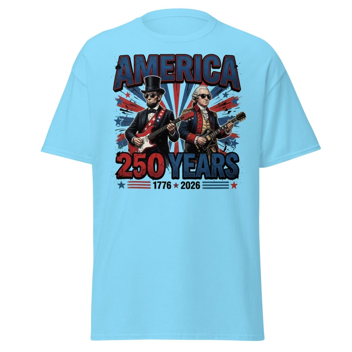 America 250 Years Lincoln Washington Rock Guitar T-Shirt - Sky - TeeRipple