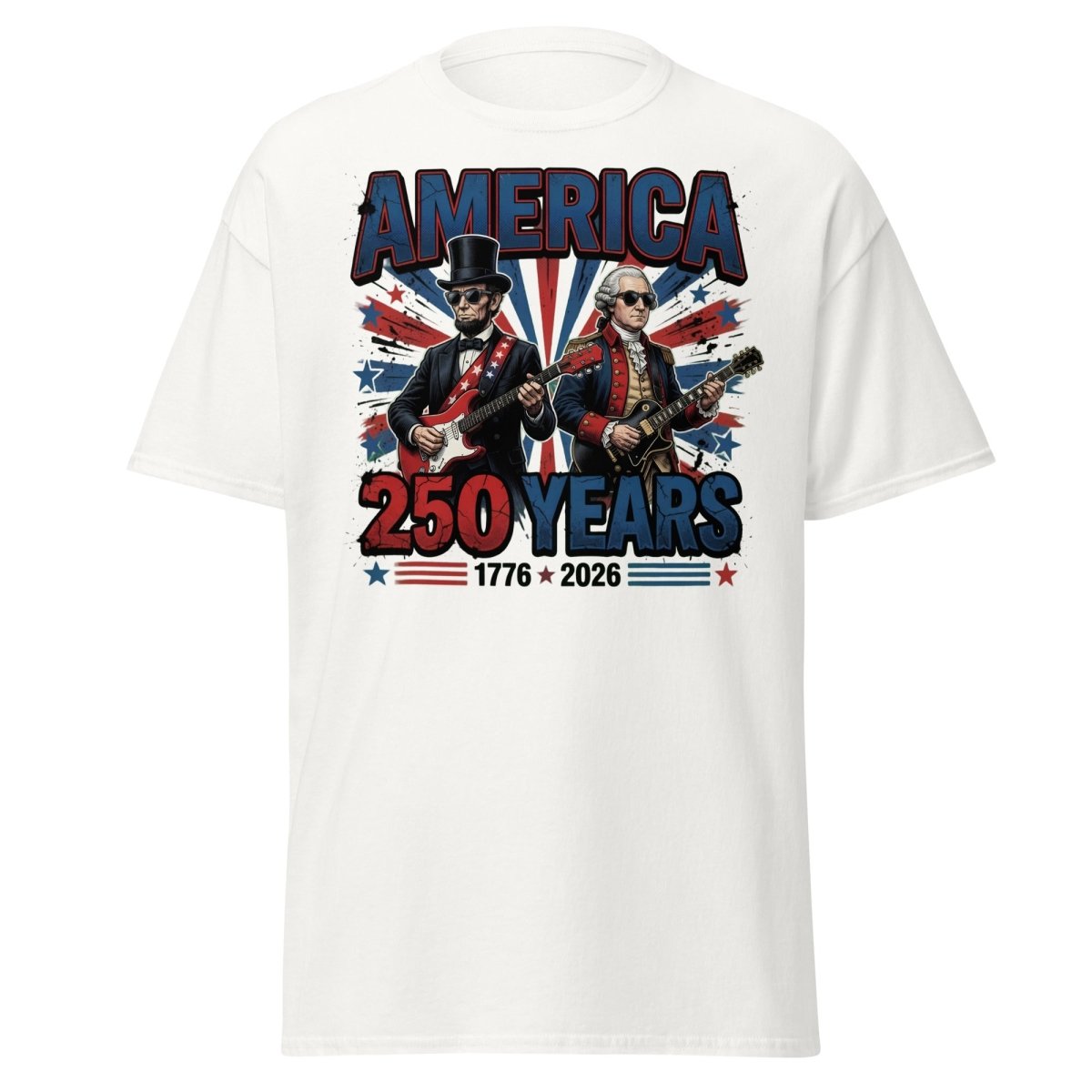 America 250 Years Lincoln Washington Rock Guitar T-Shirt - White - TeeRipple