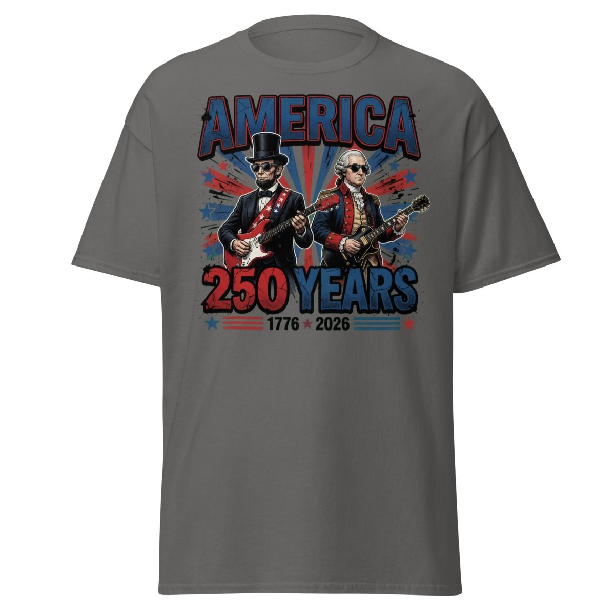 America 250 Years Lincoln Washington Rock Guitar T-Shirt - Charcoal - TeeRipple