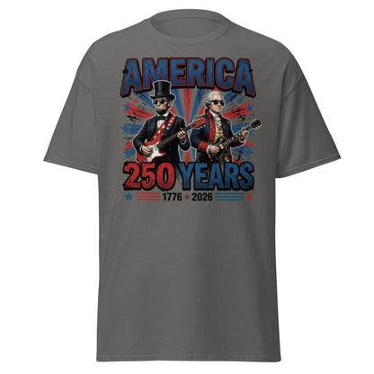 America 250 Years Lincoln Washington Rock Guitar T-Shirt - Charcoal - TeeRipple