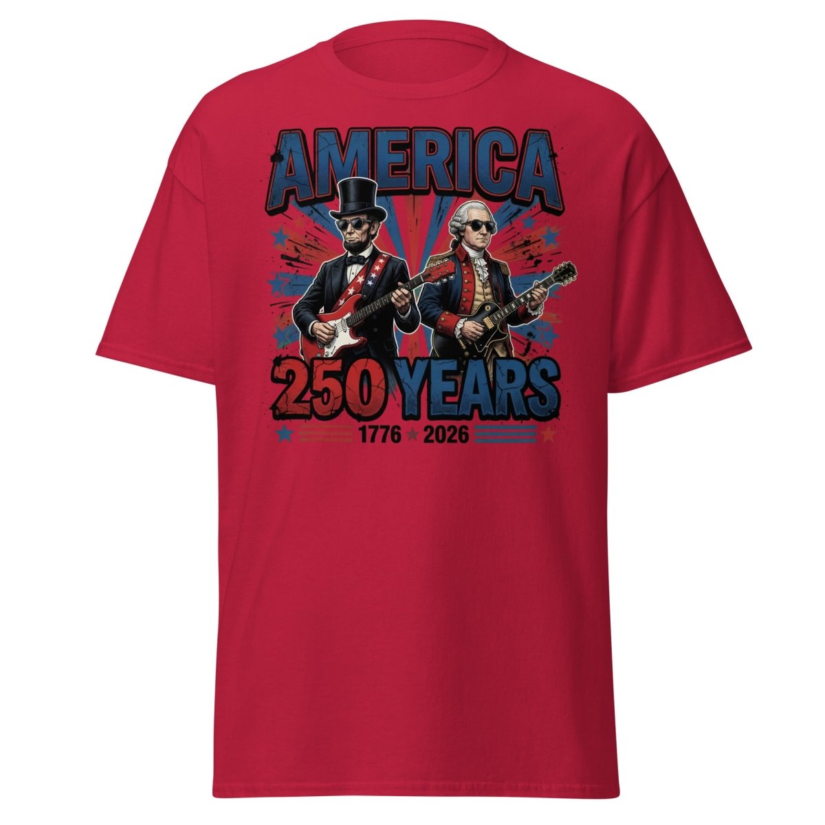 America 250 Years Lincoln Washington Rock Guitar T-Shirt - Cardinal - TeeRipple