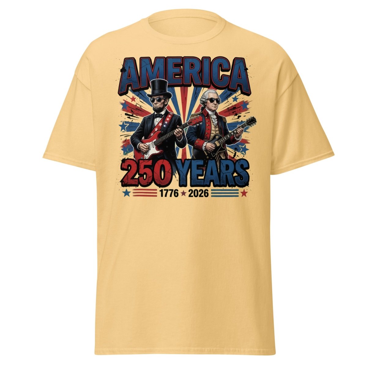 America 250 Years Lincoln Washington Rock Guitar T-Shirt - Yellow Haze - TeeRipple