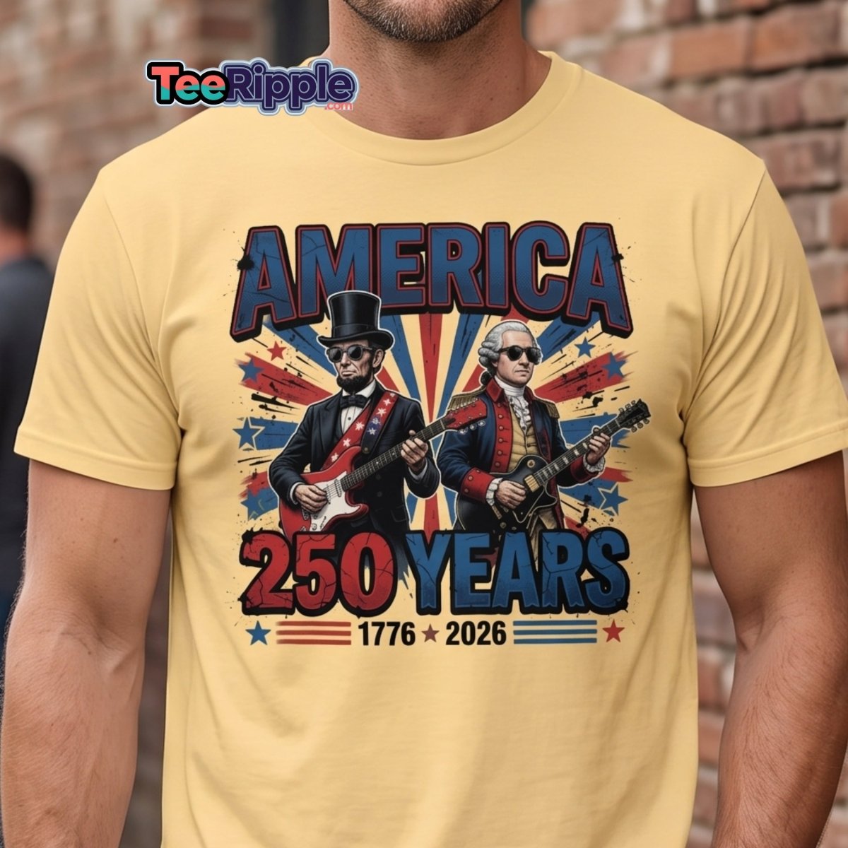America 250 Years Lincoln Washington Rock Guitar T-Shirt - Cardinal - TeeRipple