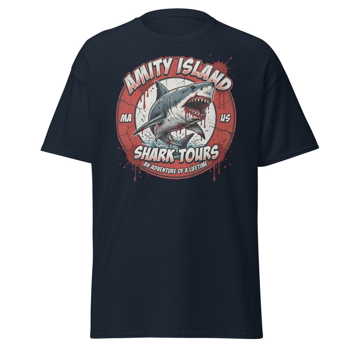 Amity Island Shark Tours Jaws Bloody Shark T-Shirt - Navy - TeeRipple
