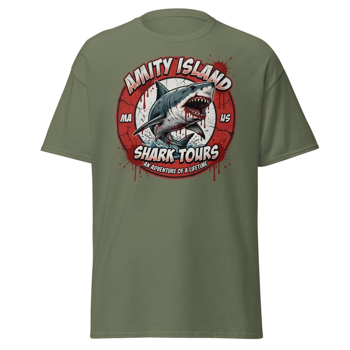 Amity Island Shark Tours Jaws Bloody Shark T-Shirt - Military Green - TeeRipple