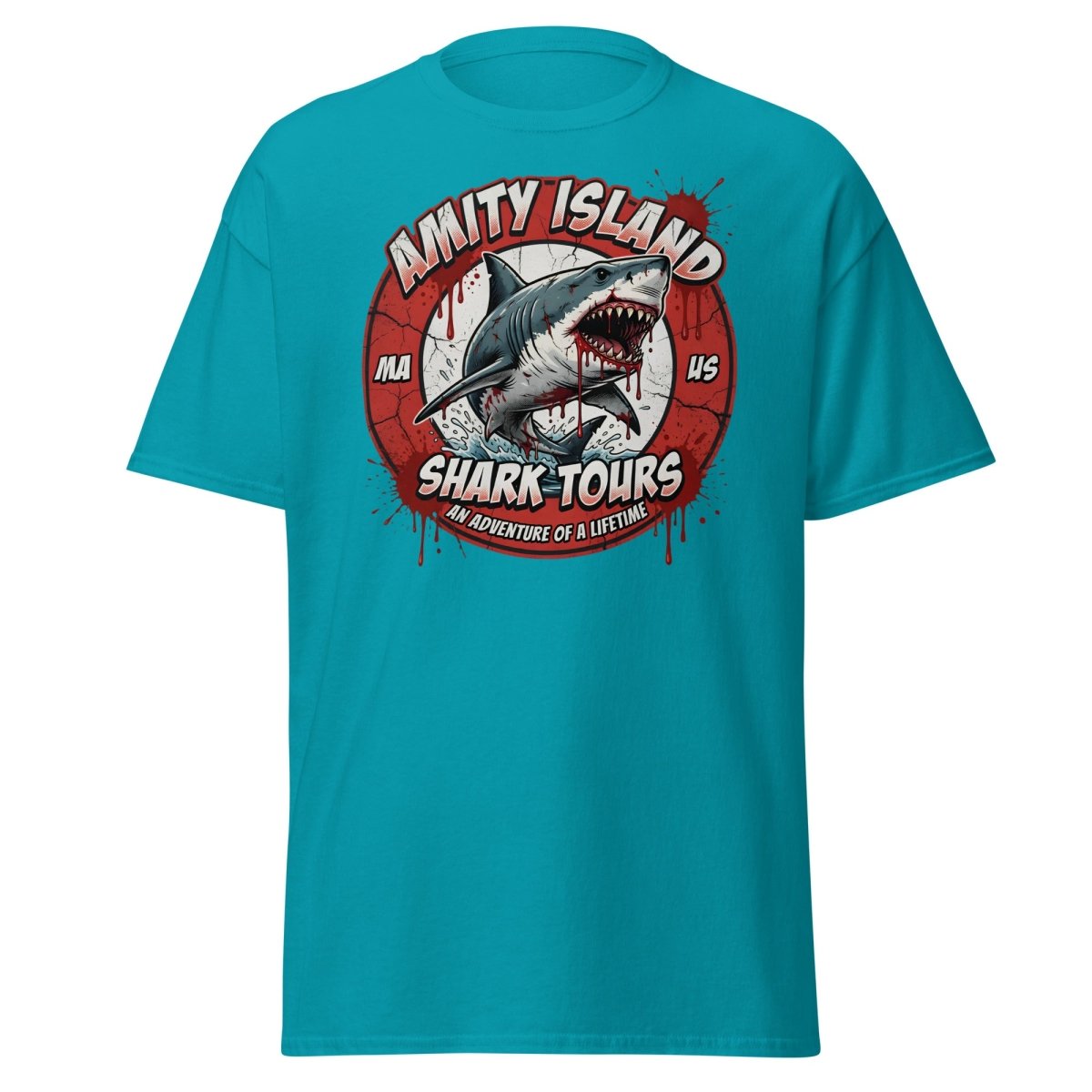 Amity Island Shark Tours Jaws Bloody Shark T-Shirt - Tropical Blue - TeeRipple