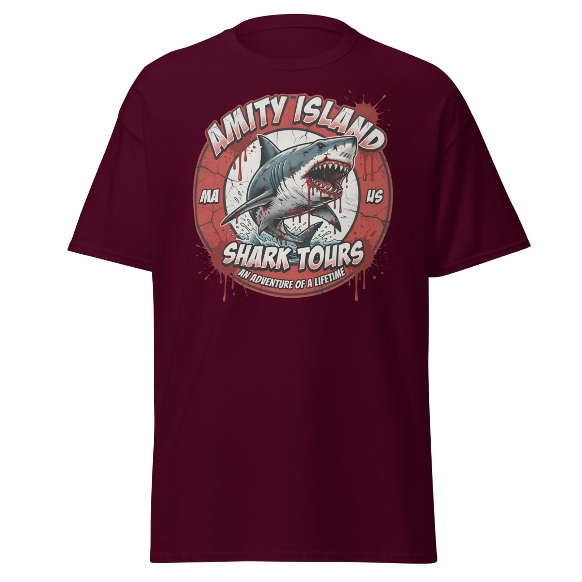 Amity Island Shark Tours Jaws Bloody Shark T-Shirt - Maroon - TeeRipple