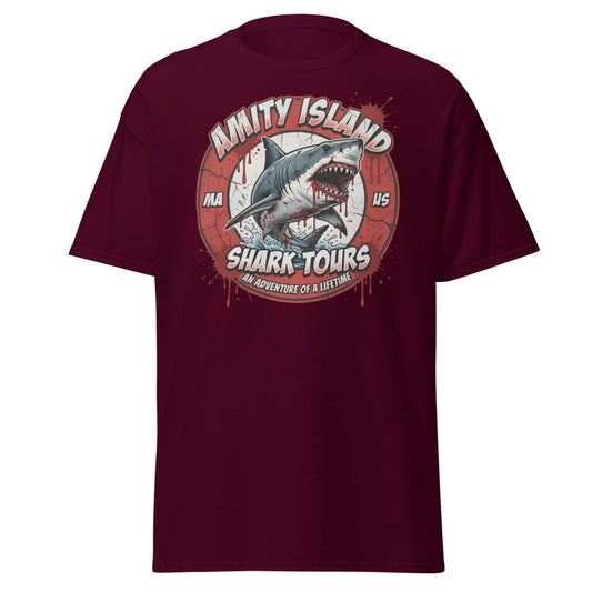Amity Island Shark Tours Jaws Bloody Shark T-Shirt - Maroon - TeeRipple