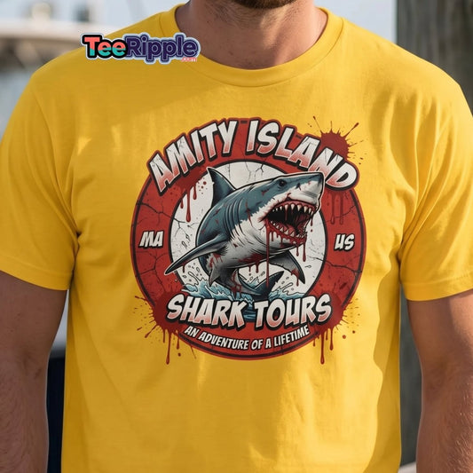 Amity Island Shark Tours Jaws Bloody Shark T-Shirt - Maroon - TeeRipple