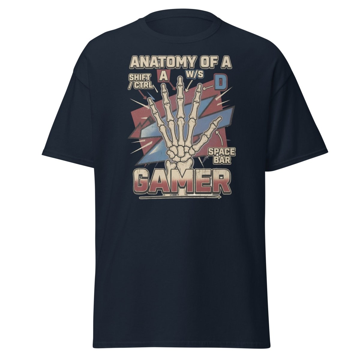 Anatomy of a Gamer T-Shirt - Retro Skeleton WASD Gaming Tee - Navy - TeeRipple