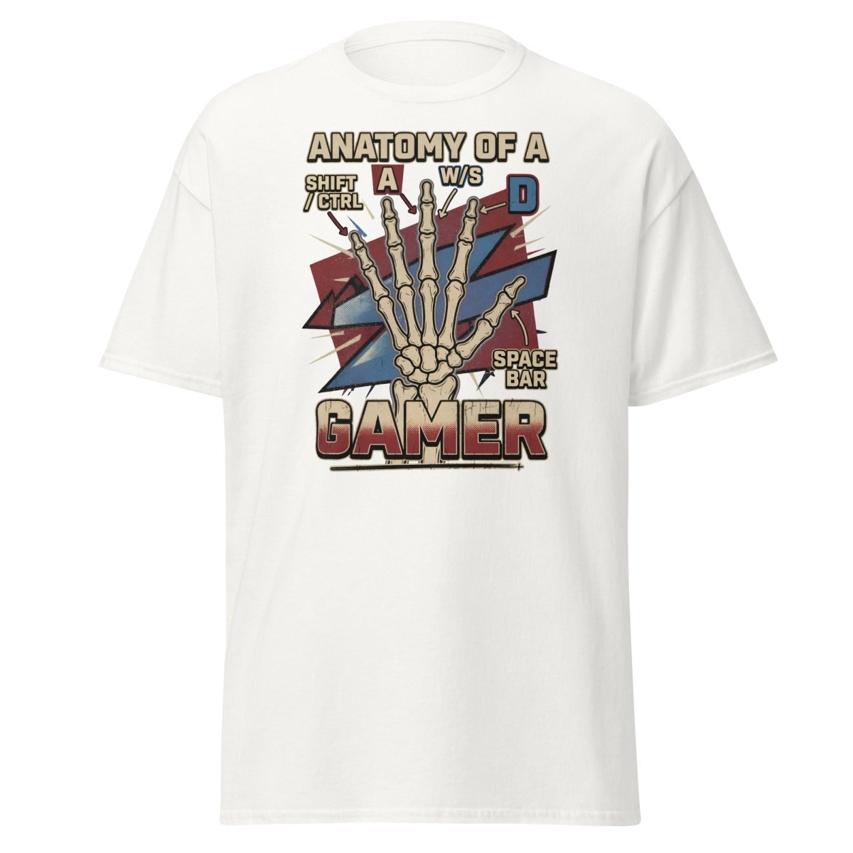 Anatomy of a Gamer T-Shirt - Retro Skeleton WASD Gaming Tee - White - TeeRipple