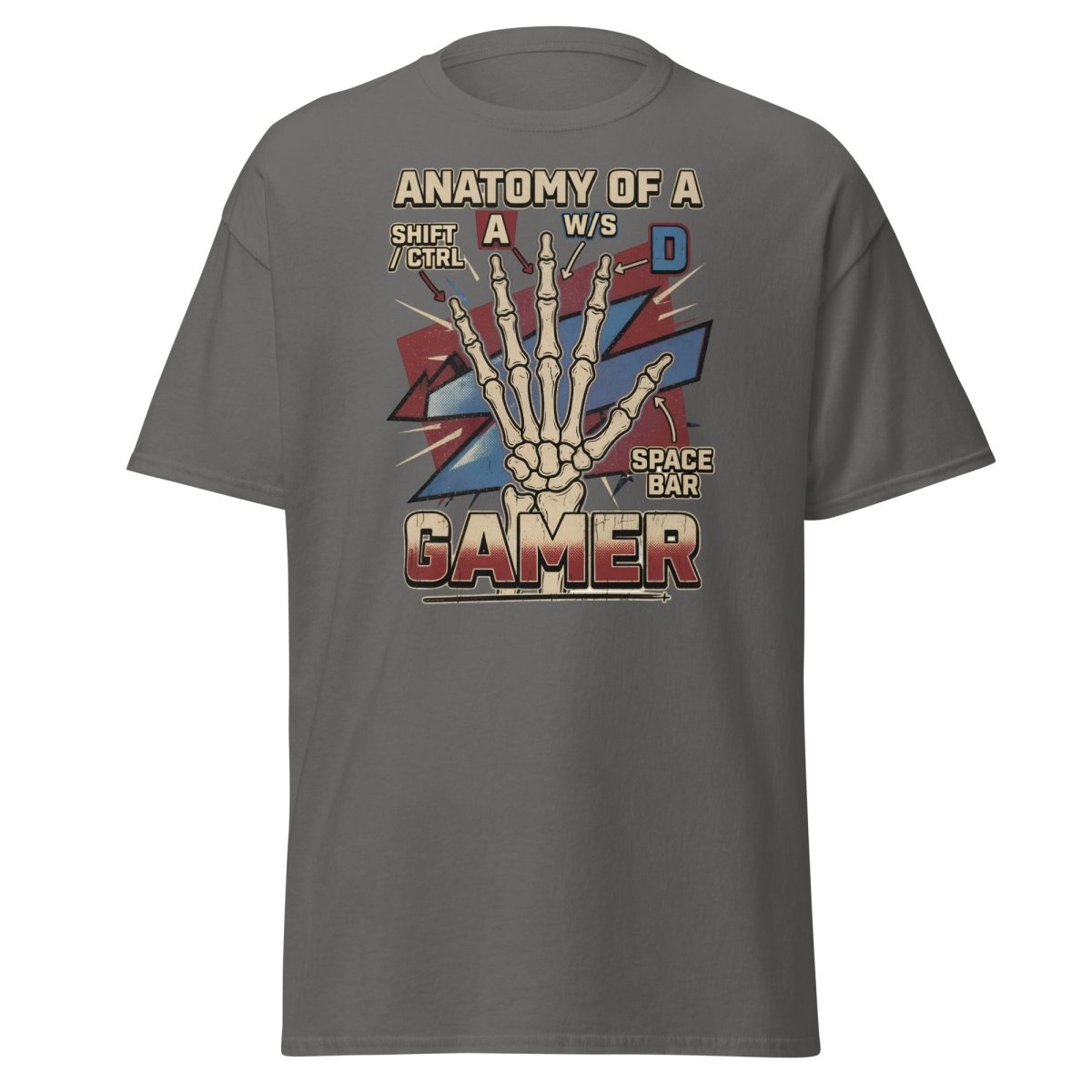 Anatomy of a Gamer T-Shirt - Retro Skeleton WASD Gaming Tee - Charcoal - TeeRipple