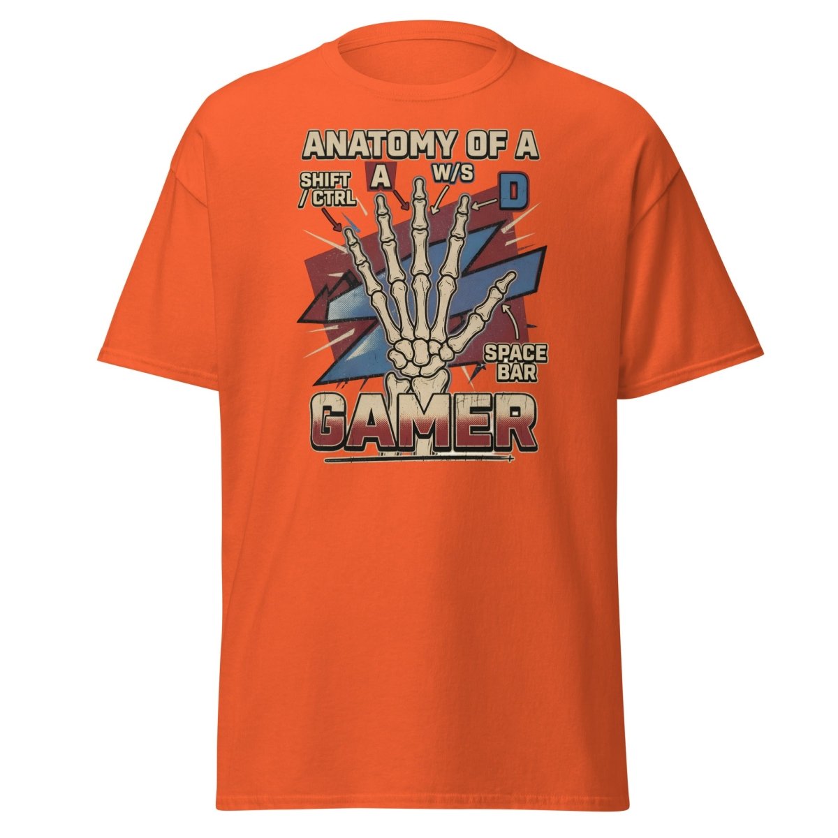 Anatomy of a Gamer T-Shirt - Retro Skeleton WASD Gaming Tee - Orange - TeeRipple