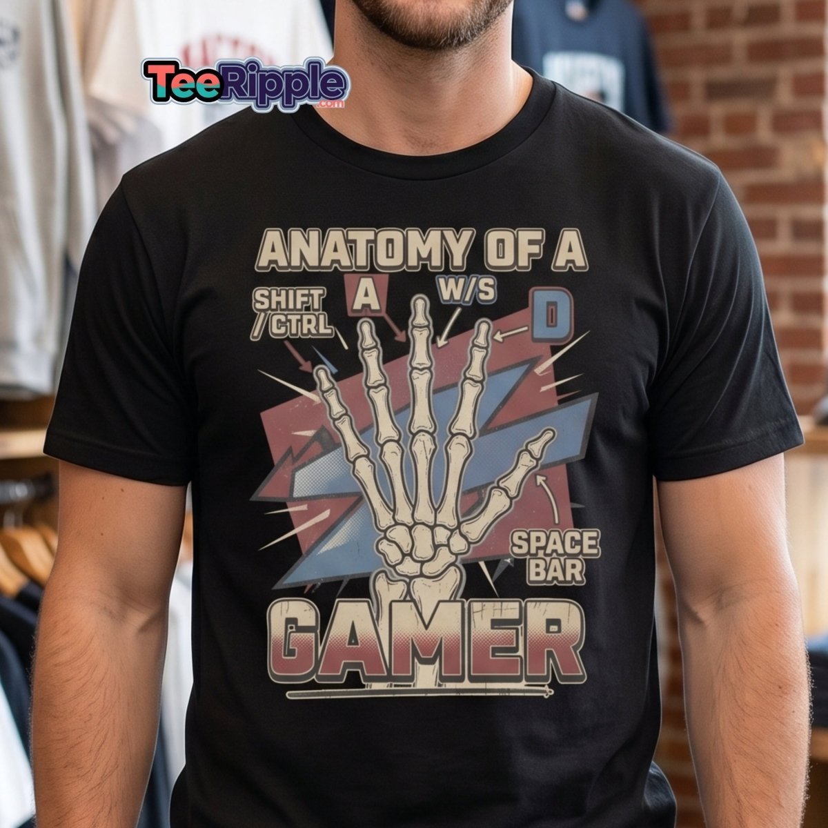 Anatomy of a Gamer T-Shirt - Retro Skeleton WASD Gaming Tee - Maroon - TeeRipple