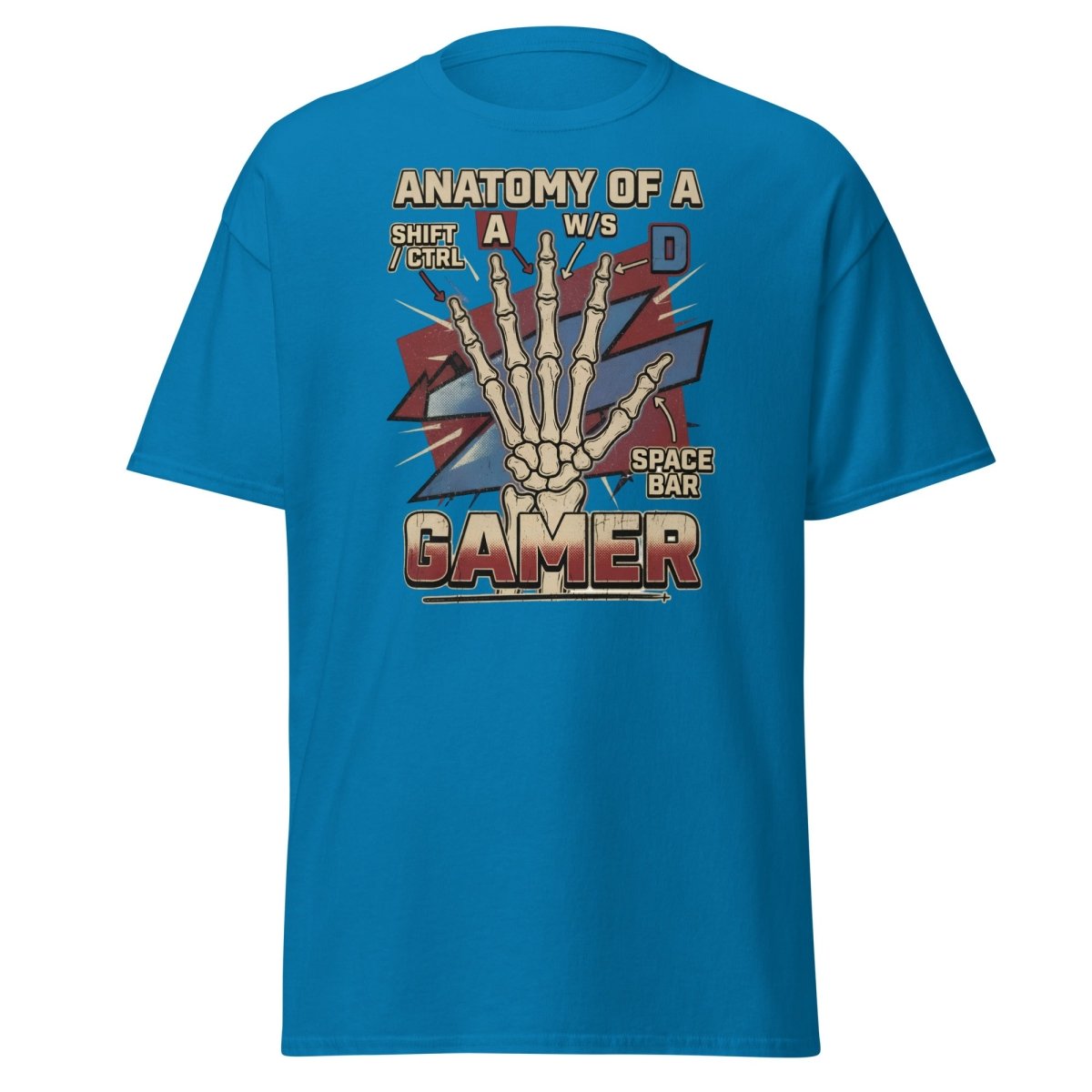 Anatomy of a Gamer T-Shirt - Retro Skeleton WASD Gaming Tee - Sapphire - TeeRipple