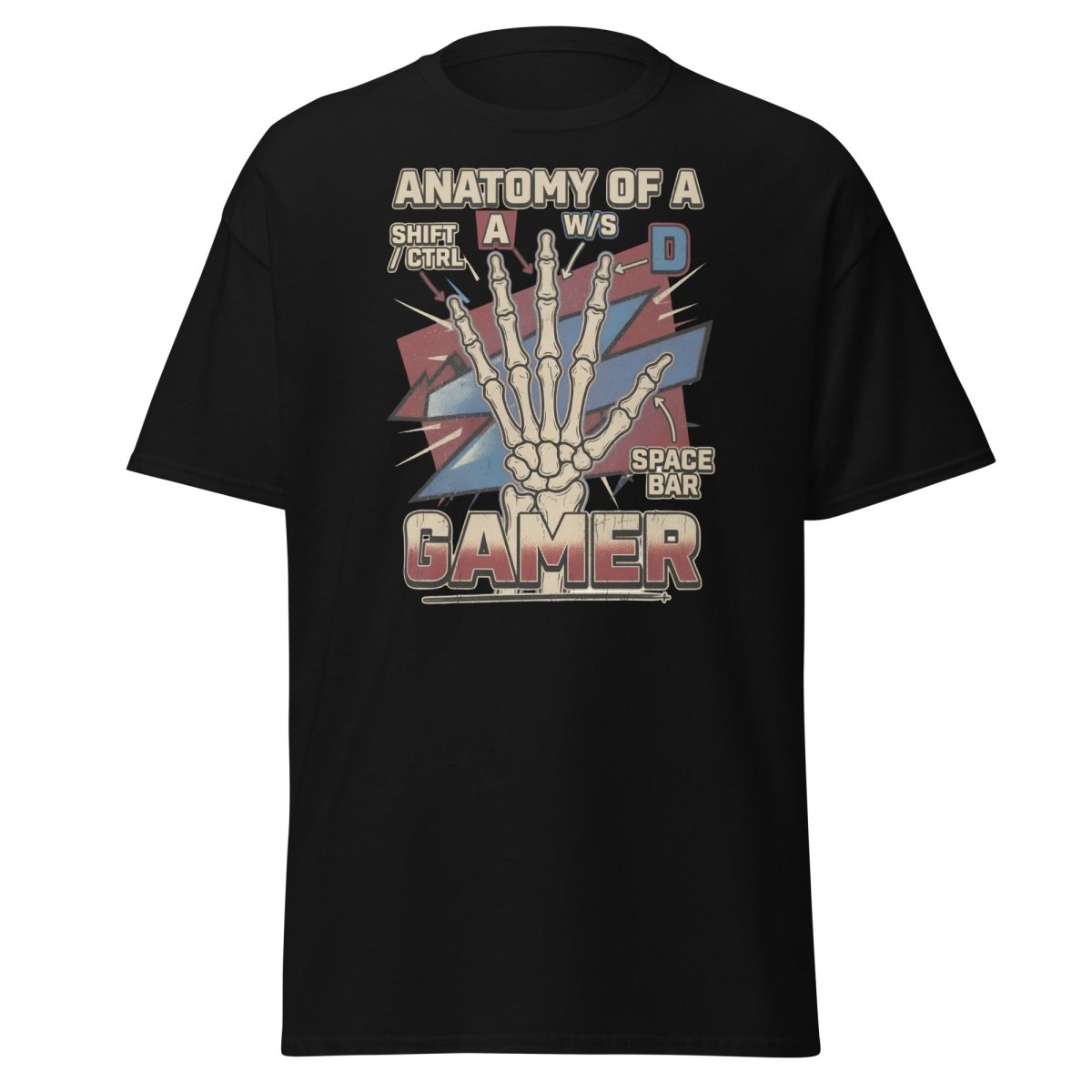 Anatomy of a Gamer T-Shirt - Retro Skeleton WASD Gaming Tee - Black - TeeRipple