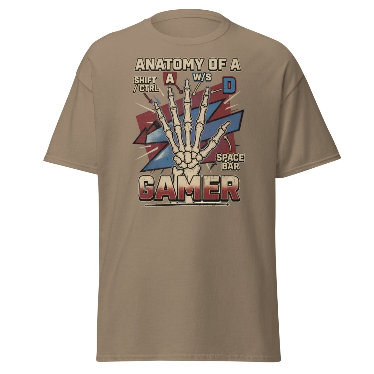 Anatomy of a Gamer T-Shirt - Retro Skeleton WASD Gaming Tee - Brown Savana - TeeRipple