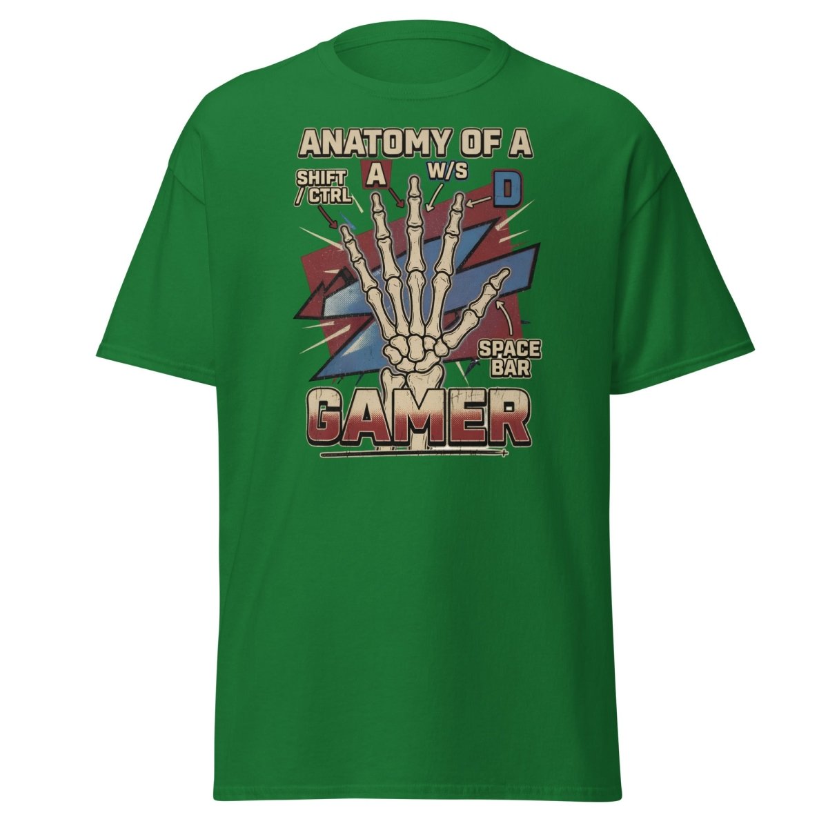 Anatomy of a Gamer T-Shirt - Retro Skeleton WASD Gaming Tee - Turf Green - TeeRipple