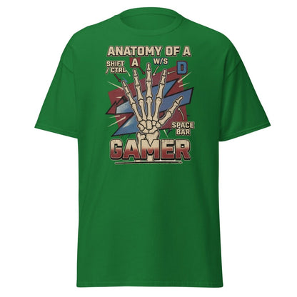 Anatomy of a Gamer T-Shirt - Retro Skeleton WASD Gaming Tee - Turf Green - TeeRipple