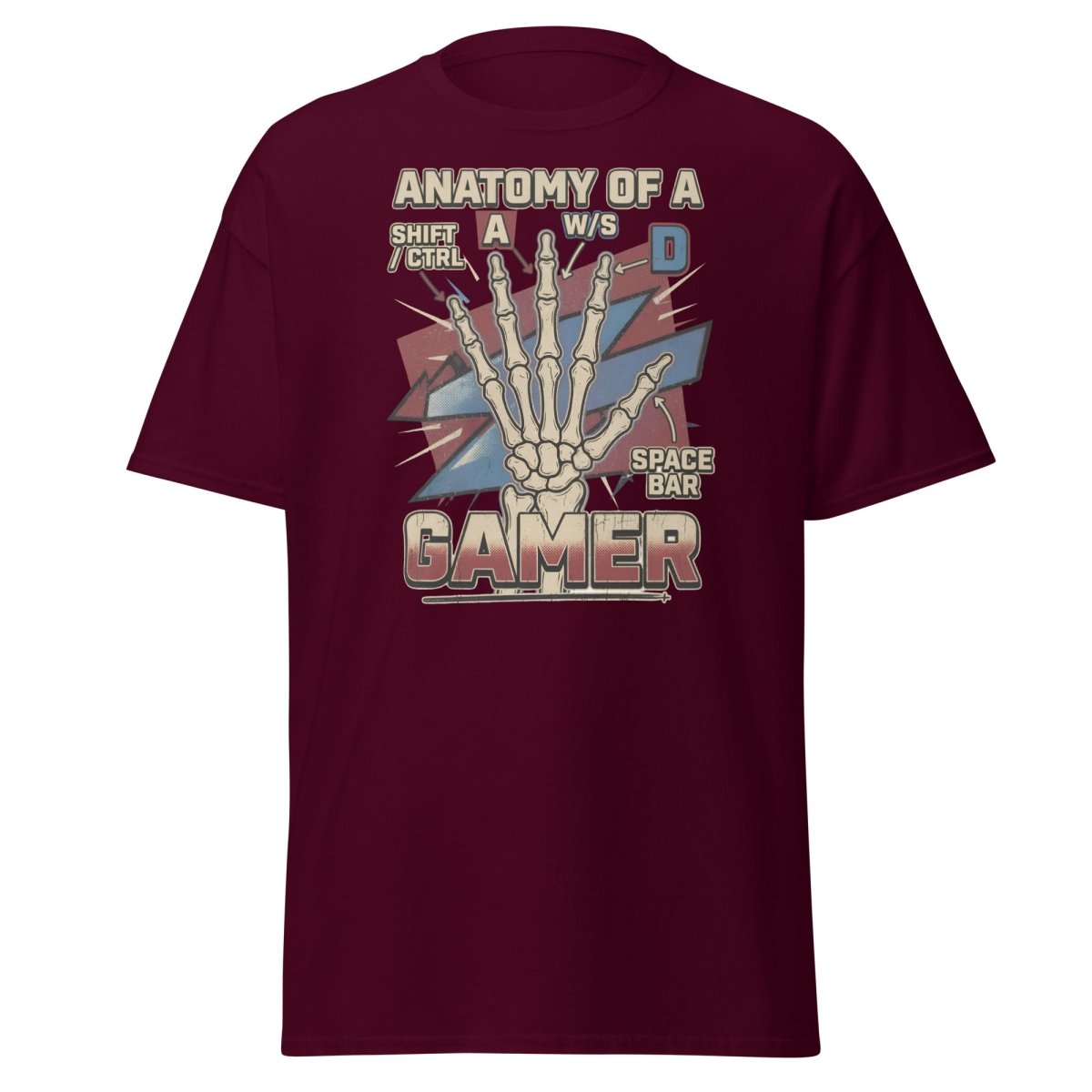Anatomy of a Gamer T-Shirt - Retro Skeleton WASD Gaming Tee - Maroon - TeeRipple
