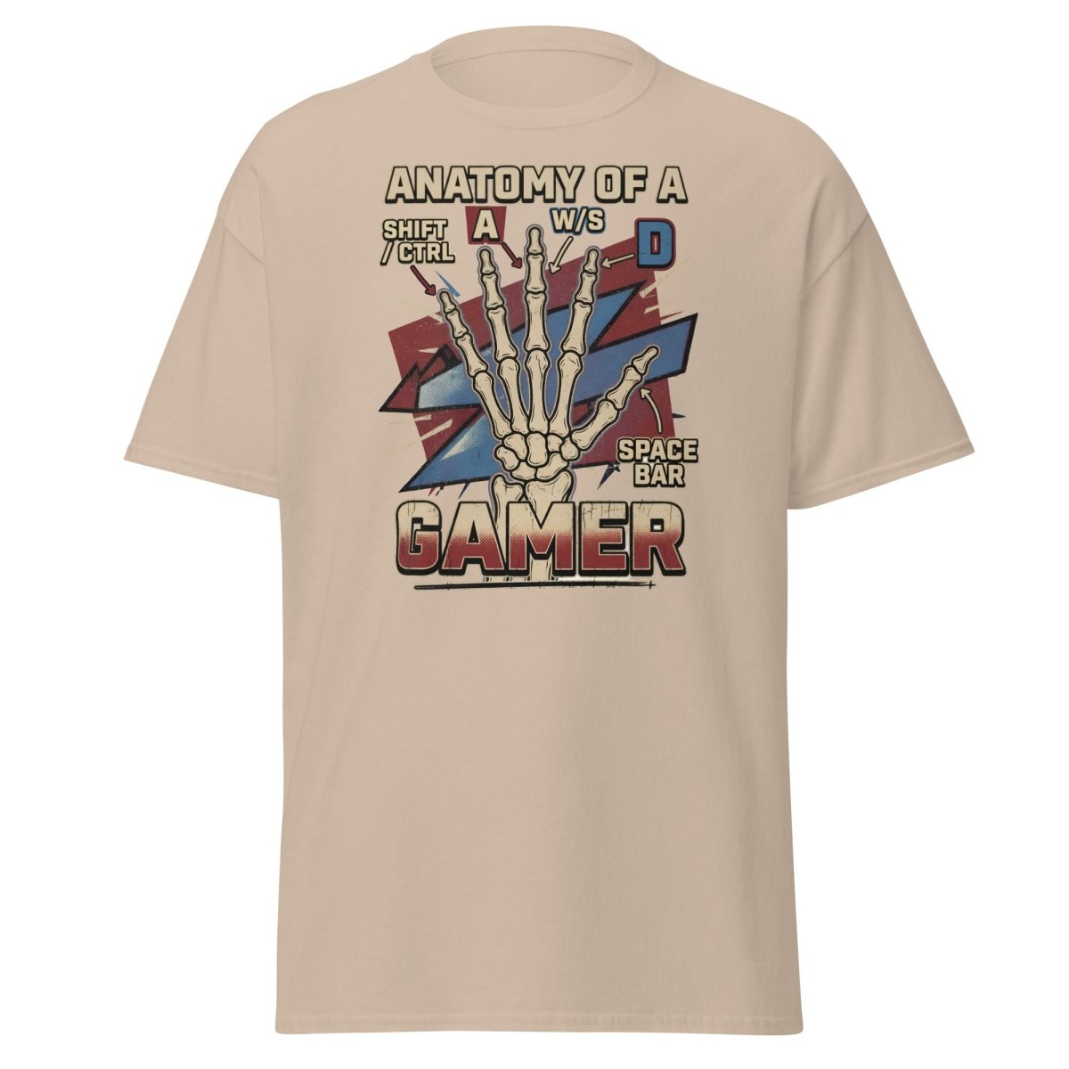 Anatomy of a Gamer T-Shirt - Retro Skeleton WASD Gaming Tee - Sand - TeeRipple