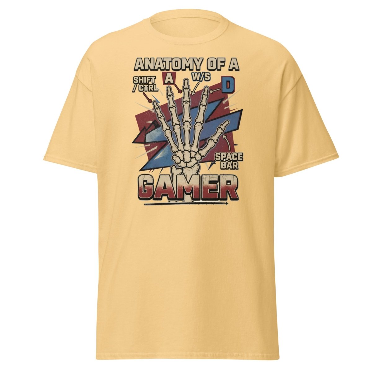 Anatomy of a Gamer T-Shirt - Retro Skeleton WASD Gaming Tee - Yellow Haze - TeeRipple