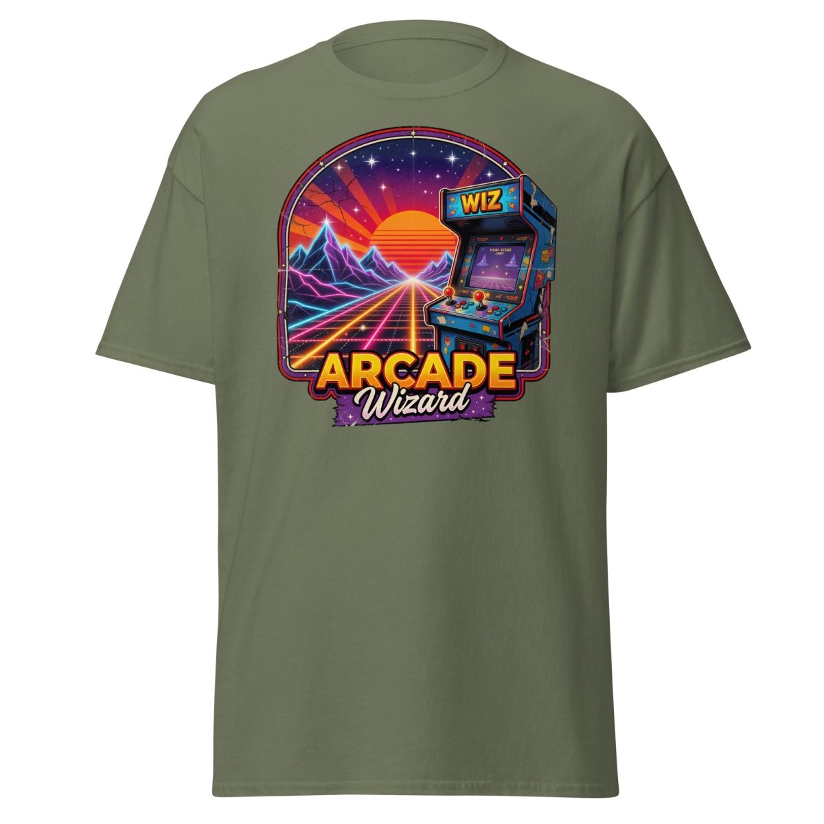 Arcade Wizard Retro 80s Neon T-Shirt | Vintage Arcade Tee - Military Green - TeeRipple