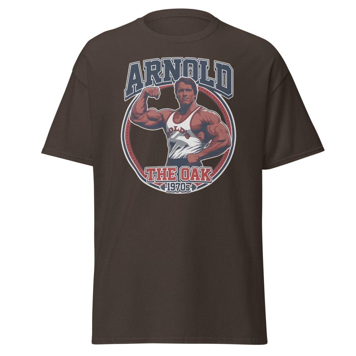 Arnold The Oak 1970s Vintage Bodybuilding T-Shirt - Dark Chocolate - TeeRipple