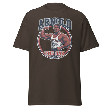 Arnold The Oak 1970s Vintage Bodybuilding T-Shirt - Dark Chocolate - TeeRipple