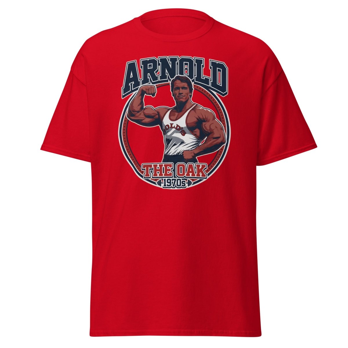 Arnold The Oak 1970s Vintage Bodybuilding T-Shirt - Red - TeeRipple