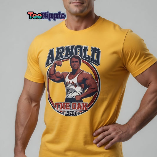 Arnold The Oak 1970s Vintage Bodybuilding T-Shirt - Maroon - TeeRipple