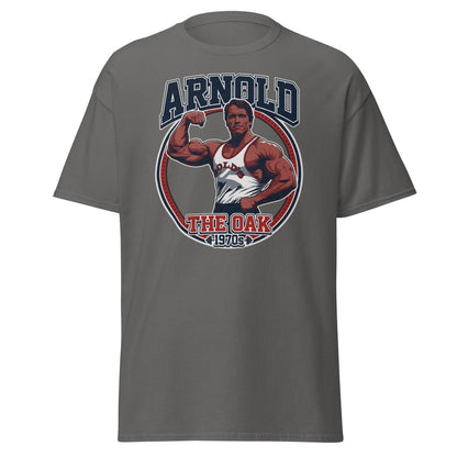 Arnold The Oak 1970s Vintage Bodybuilding T-Shirt - Charcoal - TeeRipple